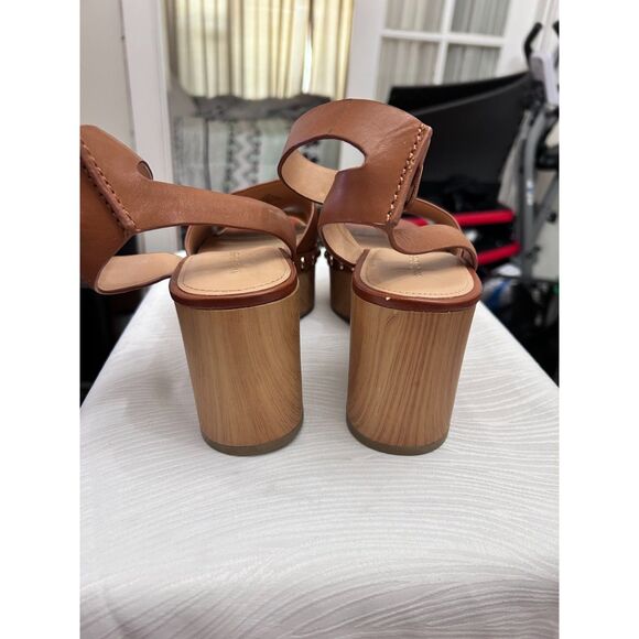 Marc Fisher Cognac Diona Leather Platform Faux Wood Wedge Sandals - Size 9.5 - Picture 3 of 7